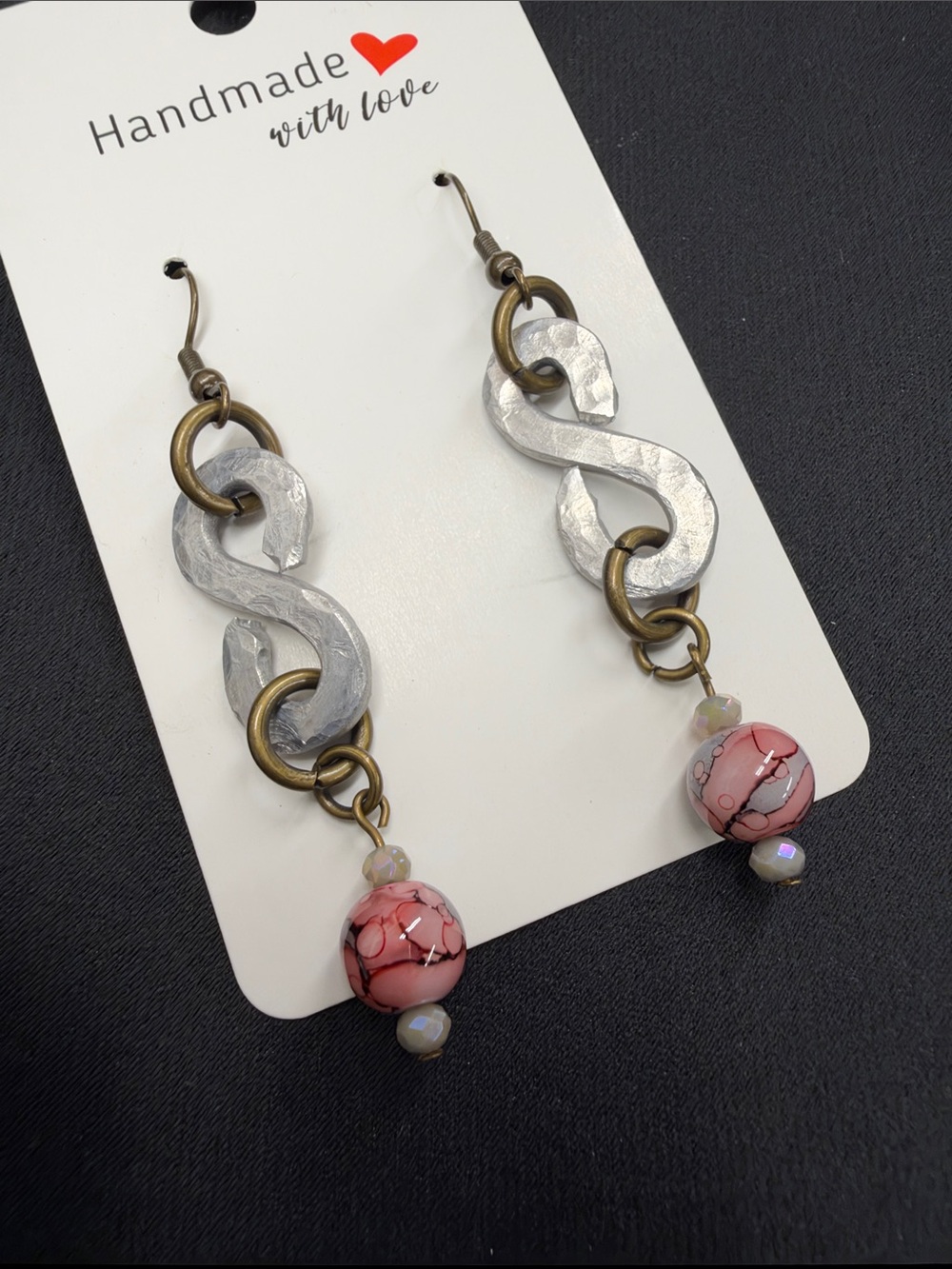 Handmade Silver Color-Hammered  Aluminum Twist Dangle Earrings with Red Beads